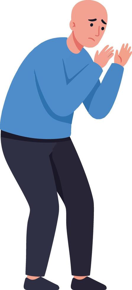 A worried man in a blue sweater crouching with hands raised in a defensive posture, flat art depicting anxiety and vulnerability vector