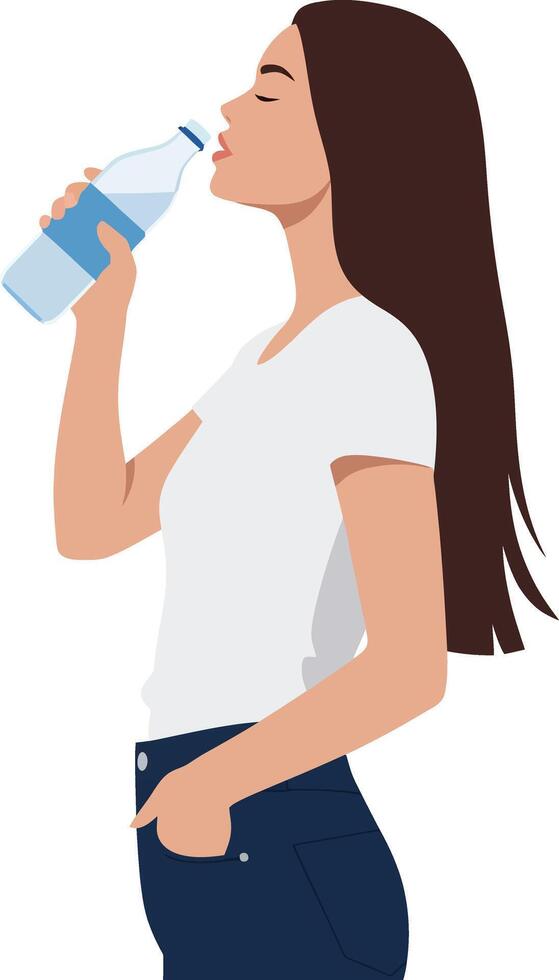 Young woman enjoying refreshing water in a casual setting, minimal style illustration vector