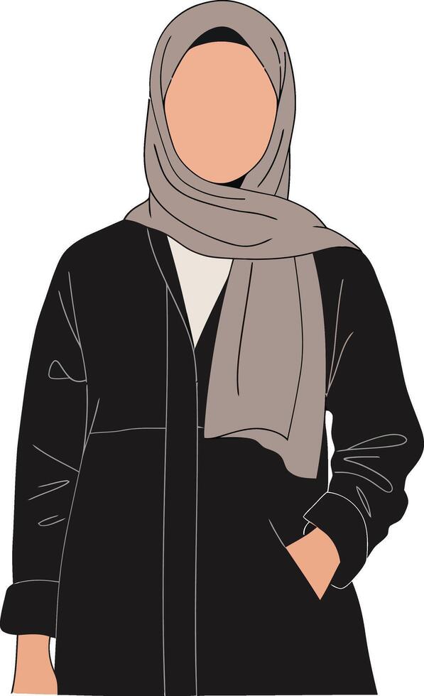 Woman in a black jacket and beige scarf, showcasing modern modest fashion in a flat illustration vector