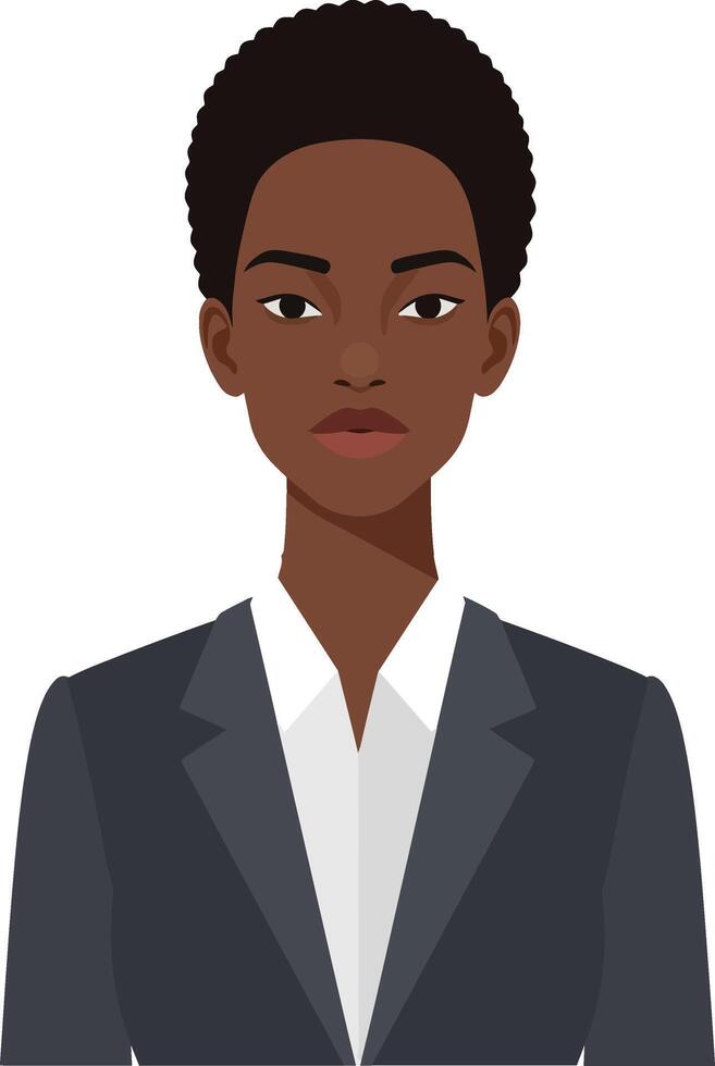 Confident woman in a dark suit with short hair, minimal flat design, showcasing professionalism in illustration vector