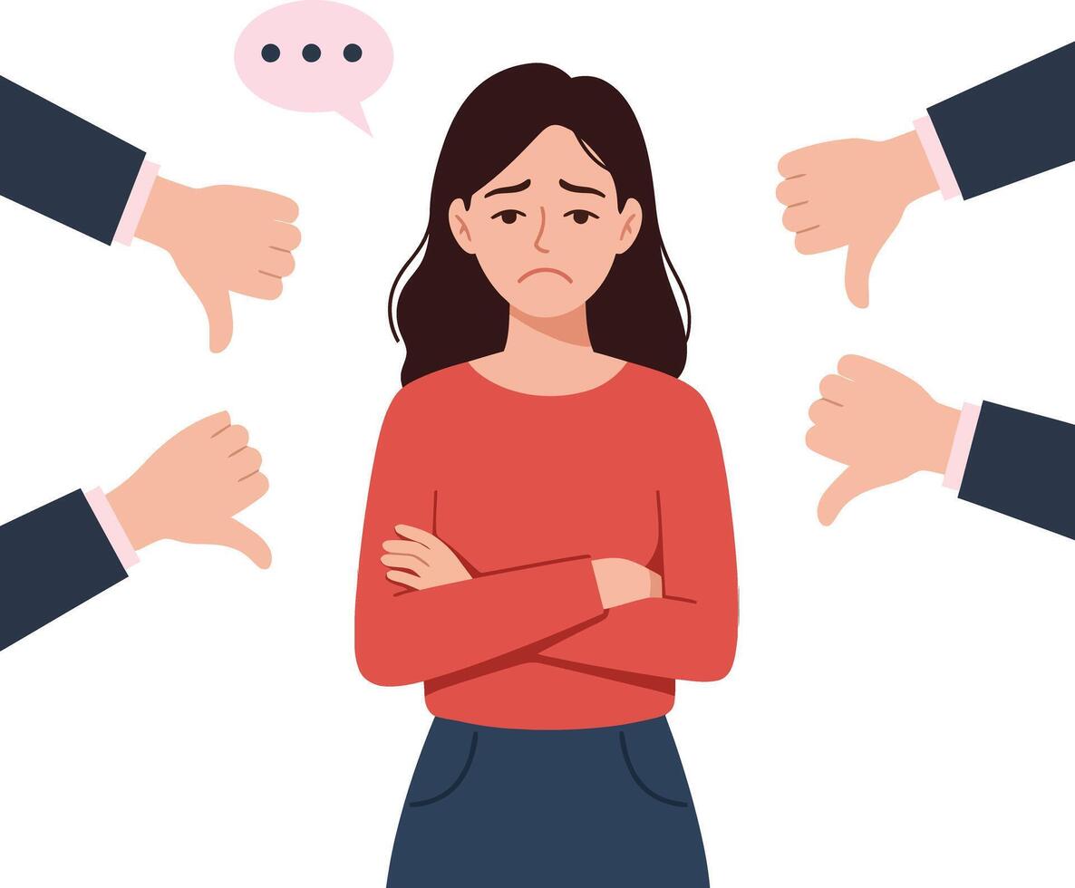 Young woman displaying sadness and disappointment in flat design style with disapproving hands gesturing thumbs down, illustration vector