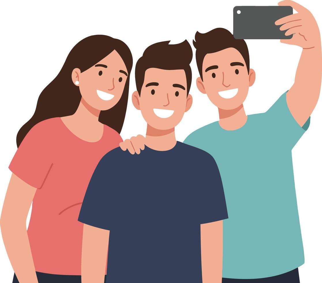 Three smiling friends taking a selfie together in a cheerful flat design illustration vector