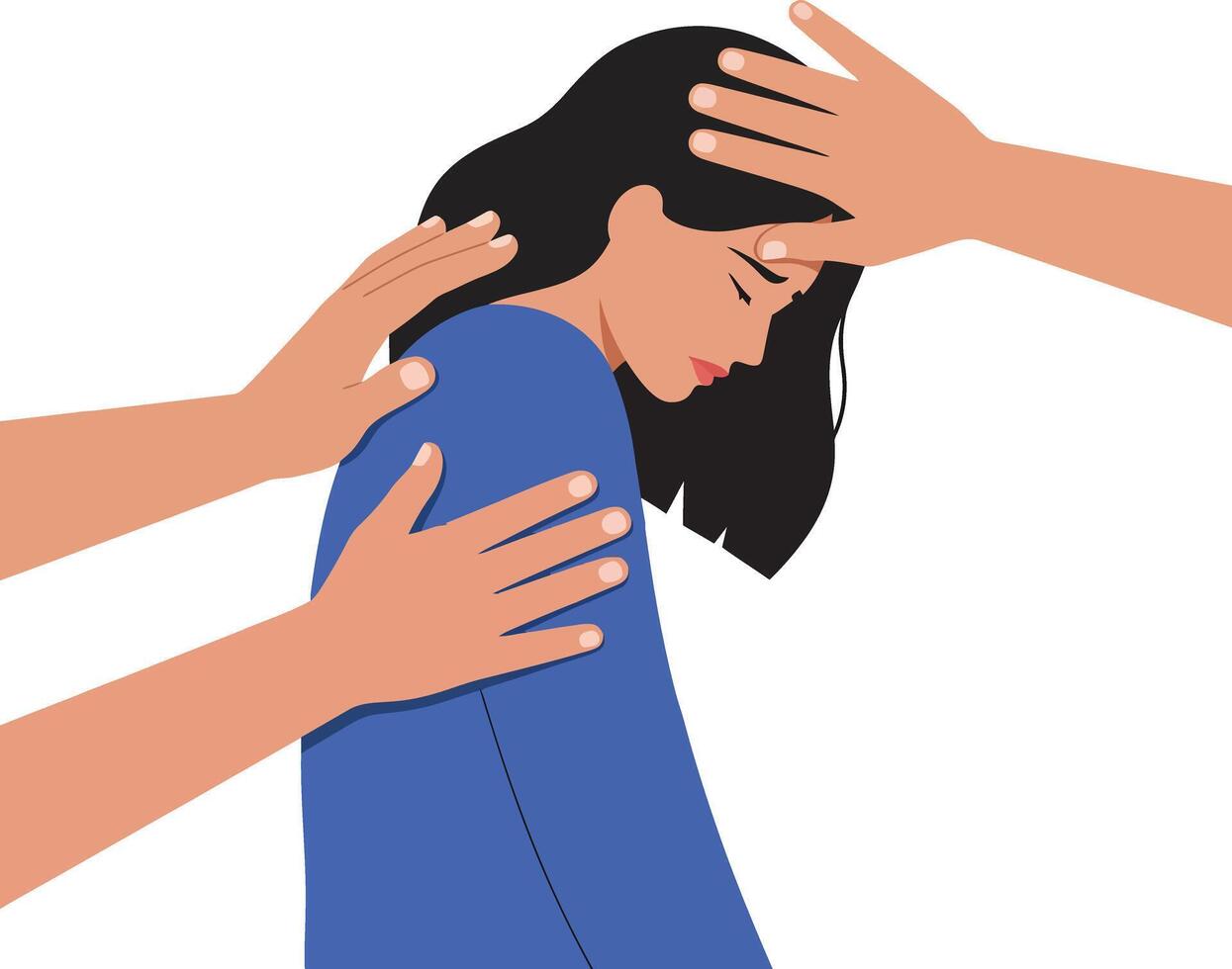 A woman experiencing emotional distress with supportive hands reaching out in a flat illustration depicting empathy and compassion vector