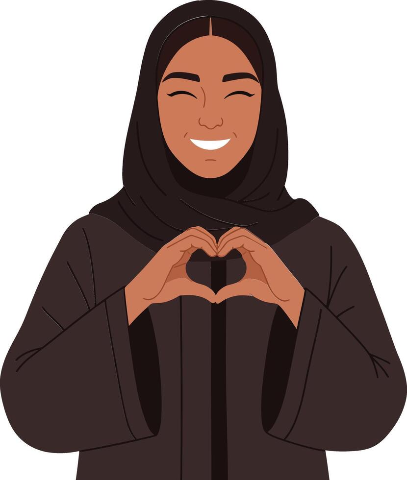 Woman in traditional attire forming a heart shape with her hands, minimal style illustration expressing love and warmth in a joyful atmosphere vector