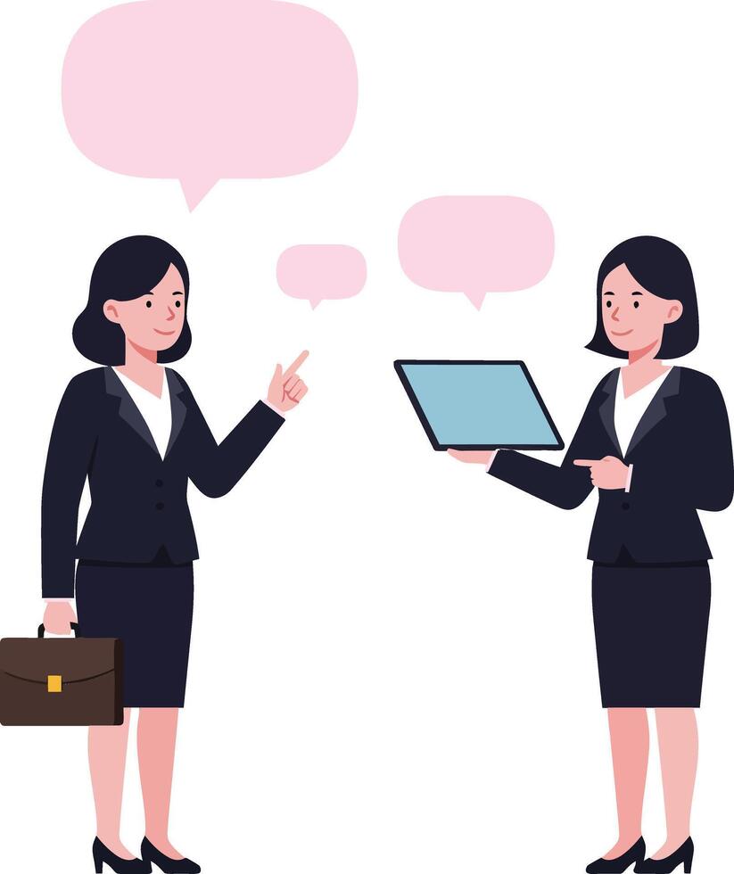 Two professional women in business attire engaging in conversation with a tablet and briefcase, minimal flat design illustration vector