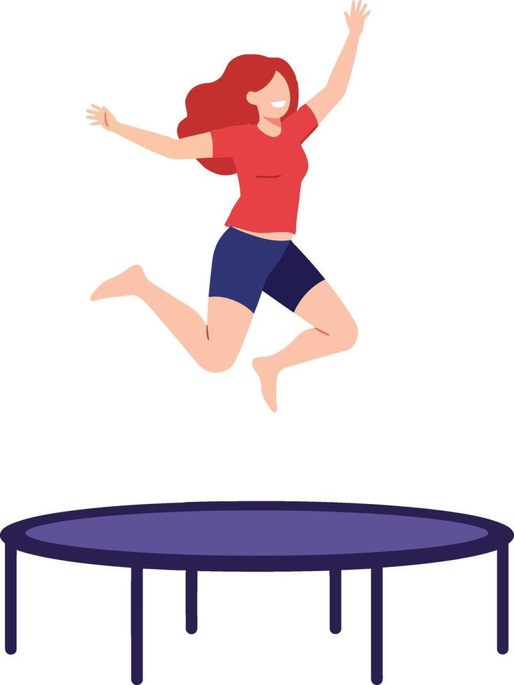 A young girl joyfully leaping into the air on a trampoline with a flat and colorful design style showcasing energy and happiness in art vector