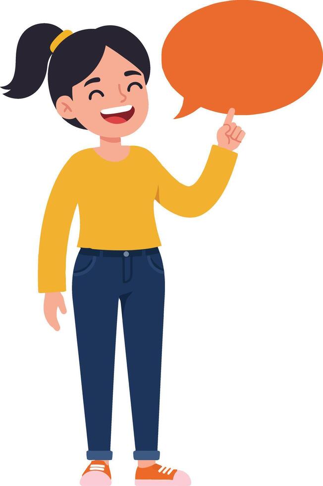 Cheerful girl in casual clothing with a bright yellow sweater and blue jeans, smiling and gesturing while speaking, flat illustration vector