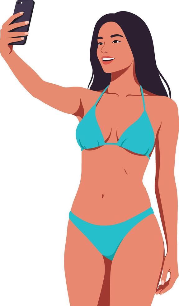 Young woman in a turquoise bikini taking a selfie with a smartphone in a cheerful, bright, minimal illustration vector