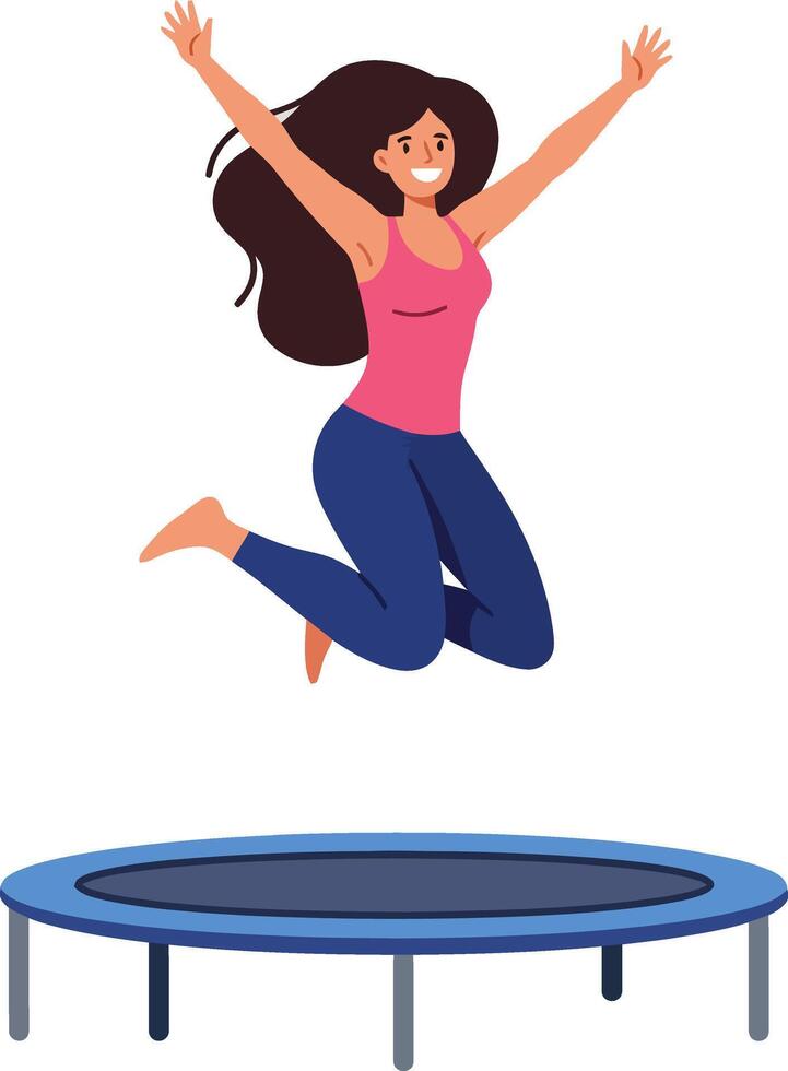 Young woman joyfully jumping on a blue trampoline in a flat illustration, showcasing energy and excitement in a playful atmosphere of fun and movement art vector