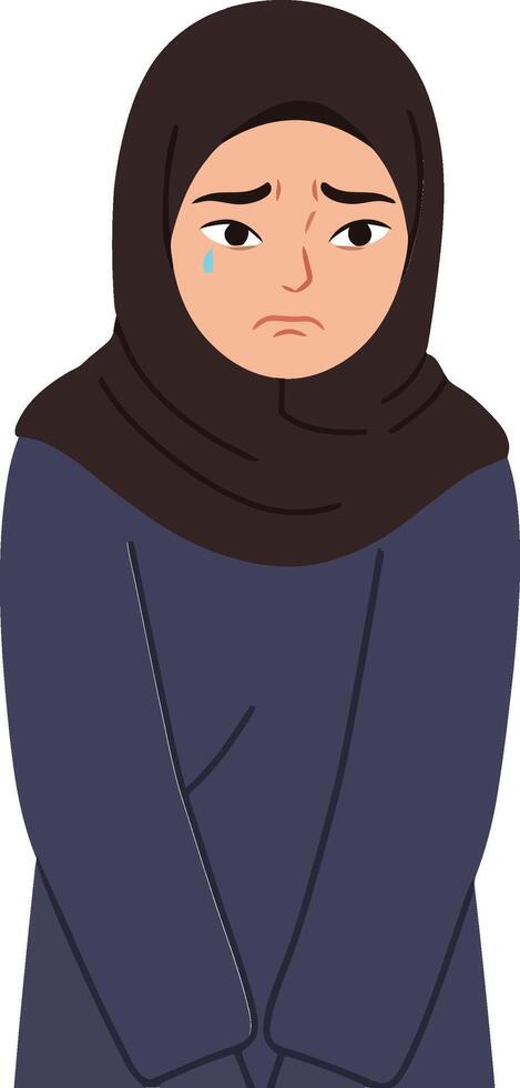 A young woman in traditional attire with a solemn expression, standing with arms crossed in a minimal and flat design illustration vector