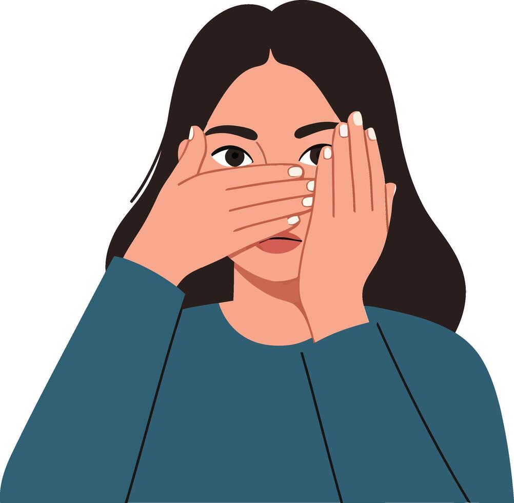 A young woman playfully covering her eyes with her hands in a minimal and flat design style illustration vector