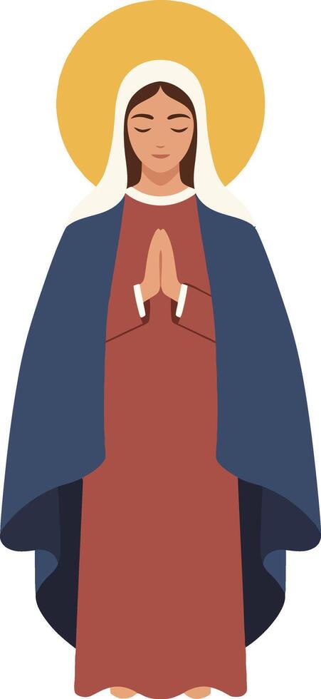 A serene woman in prayer wearing a flowing robe with a halo, depicted in a minimal flat design style, conveying tranquility and reverence in art vector