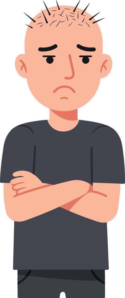 A young boy with spiky hair wearing a dark t-shirt, expressing sadness while standing with arms crossed in a minimal illustration vector