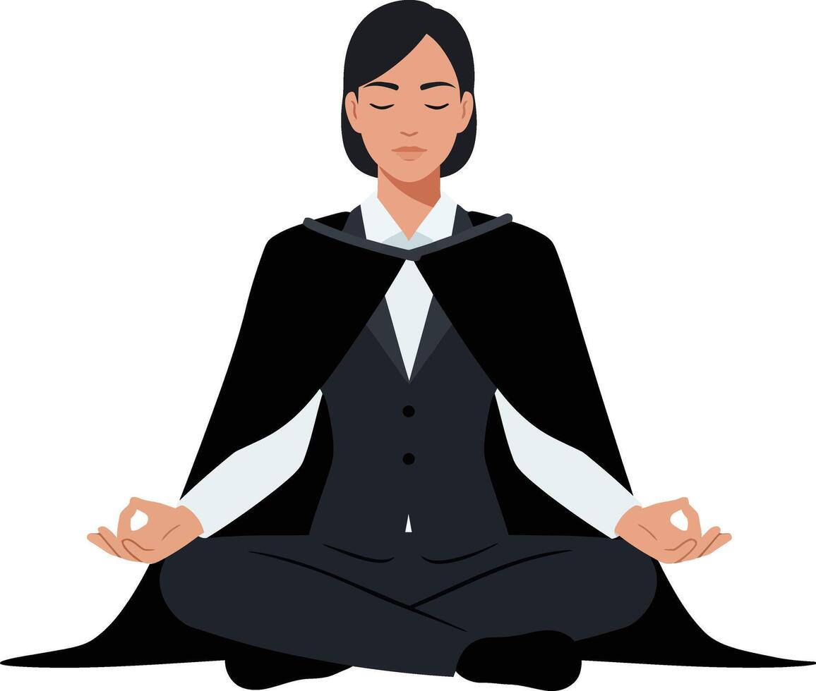 A woman in a business suit meditating peacefully while wearing a black cape in a flat art style, conveying calmness and focus in a serene atmosphere vector