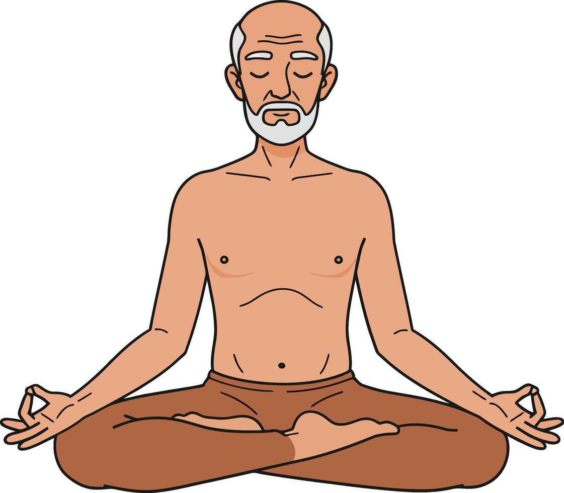 Elderly man meditating in a peaceful pose with serene expression in minimal flat style art vector