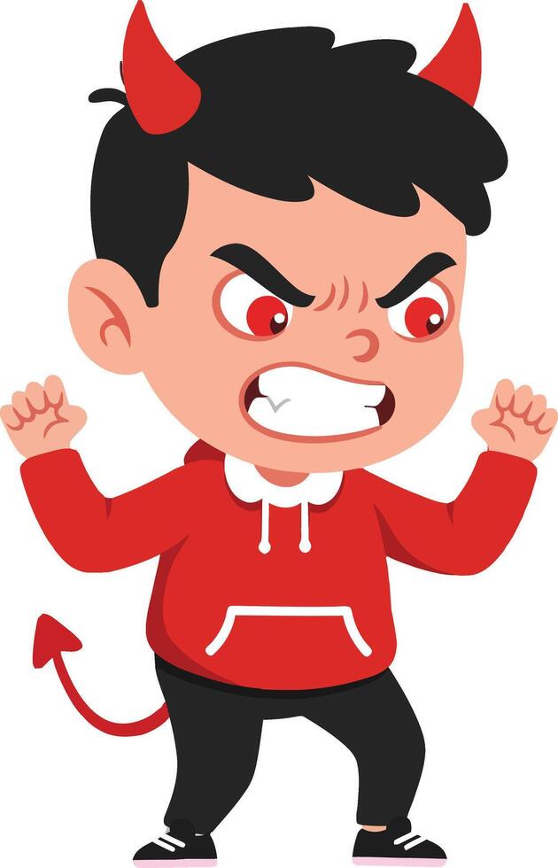 Angry young boy with devil horns and tail, dressed in red hoodie and black pants, showcasing a fierce expression, flat art vector
