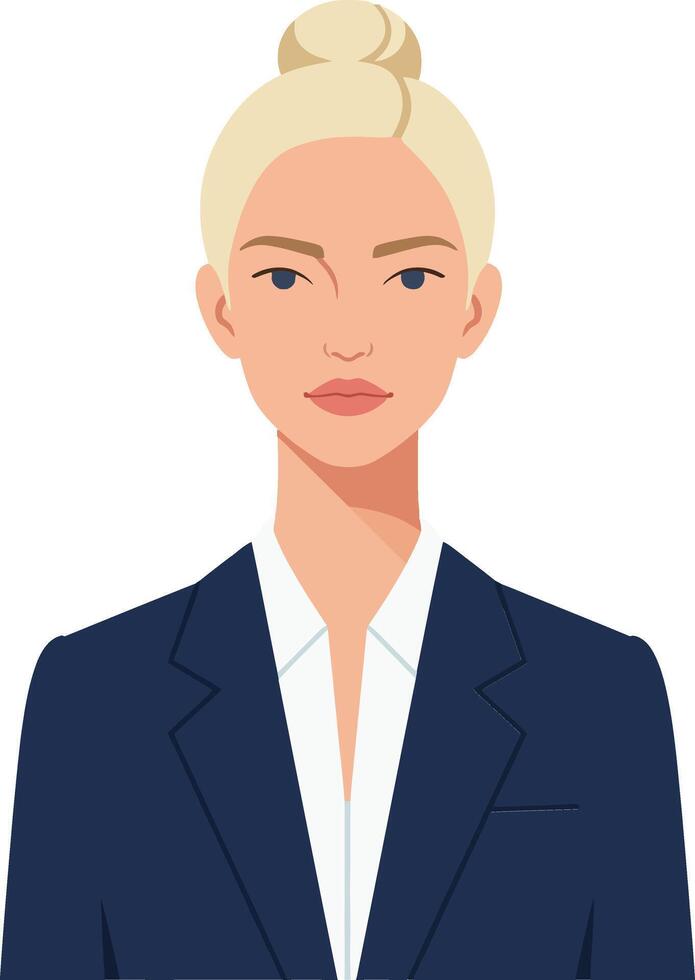 Professional woman in a dark suit with a bun hairstyle, showcasing confidence in a minimal and clean illustration vector