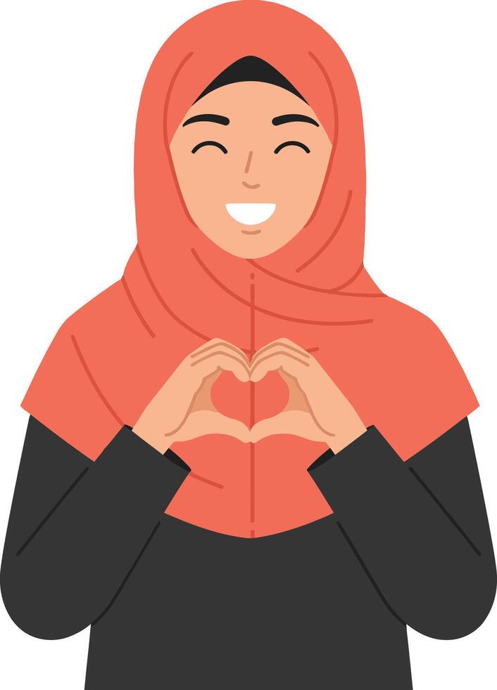 Smiling woman in a coral hijab making a heart shape with her hands in a minimal style illustration vector