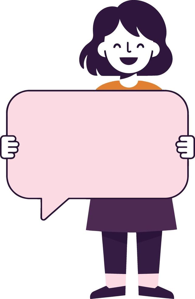 A cheerful girl holding a large pink speech bubble in a flat design style showcasing communication and expression in art vector