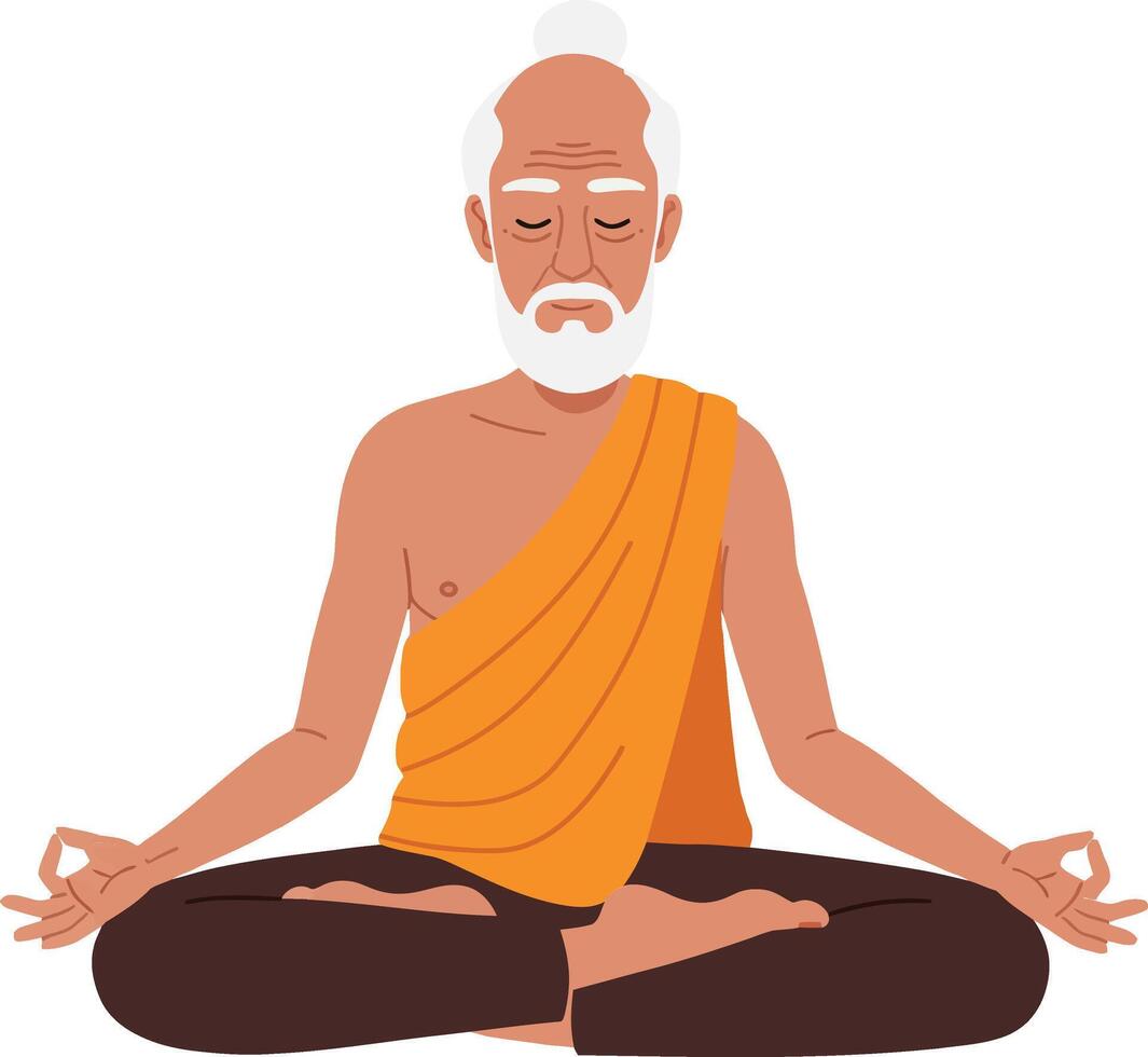 Elderly man in meditation pose wearing an orange robe with a serene expression in flat art vector