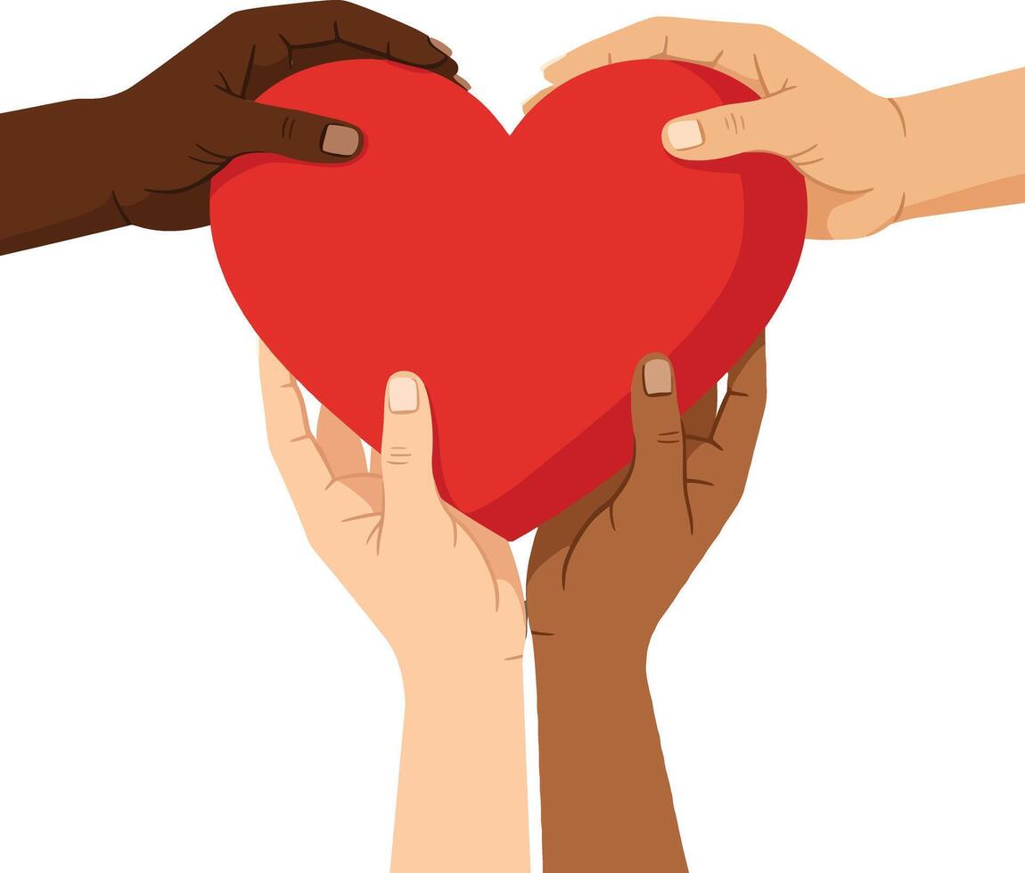Multiple hands of diverse skin tones holding a bright red heart symbolizing unity and love in a flat illustration vector
