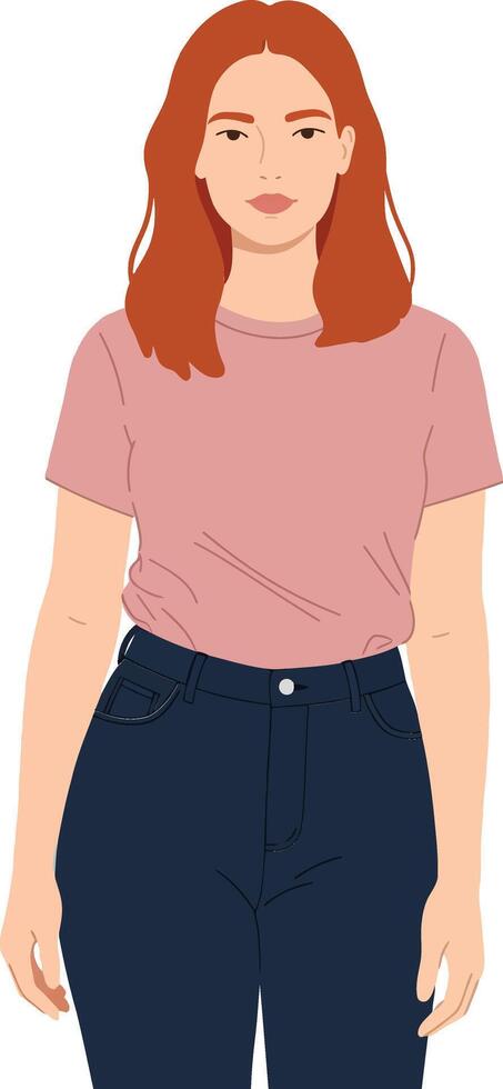 Young woman with auburn hair wearing a pink t-shirt and blue jeans in a minimal flat design art vector