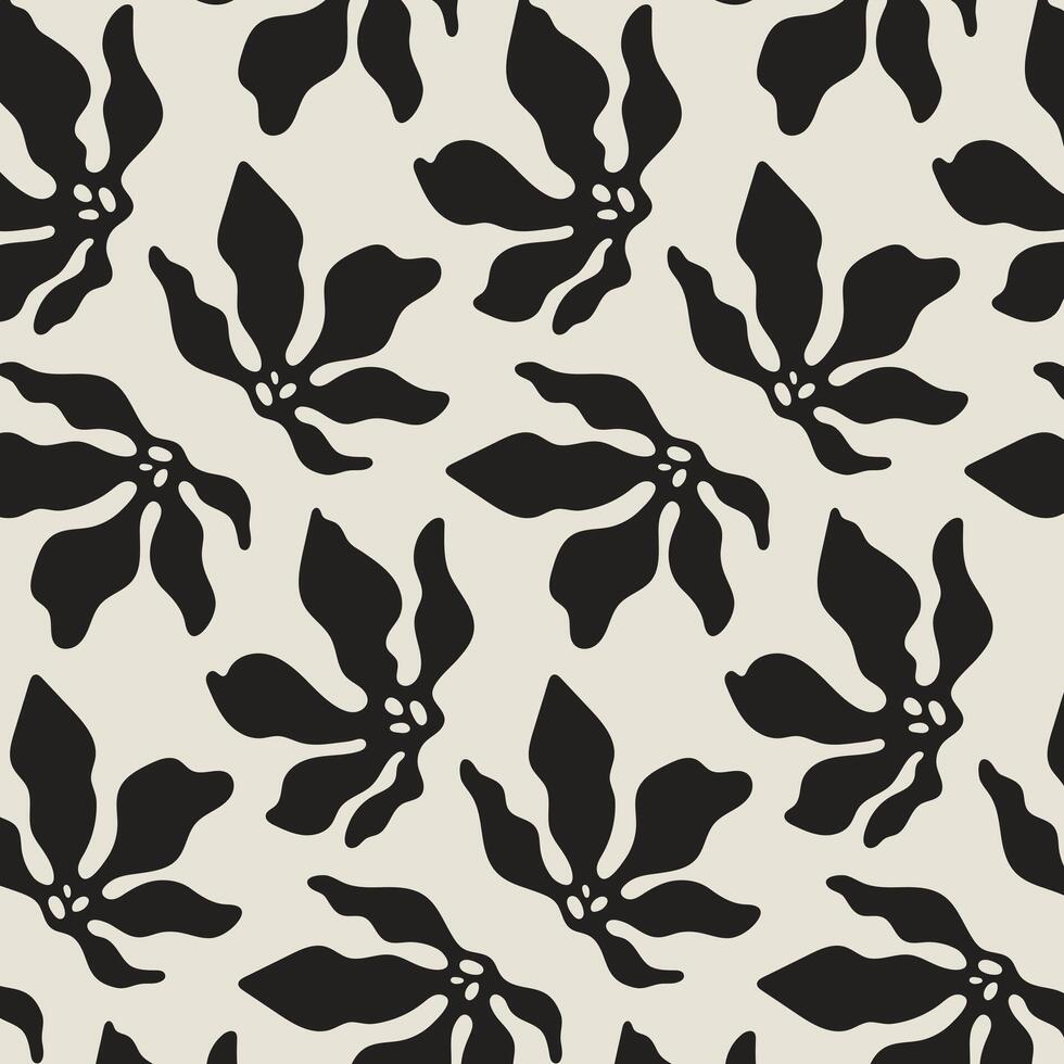 Seamless trendy black and white pattern with abstract flowers. Flat background design. Repeating print for fabric, wrapping paper, textile, wallpaper vector