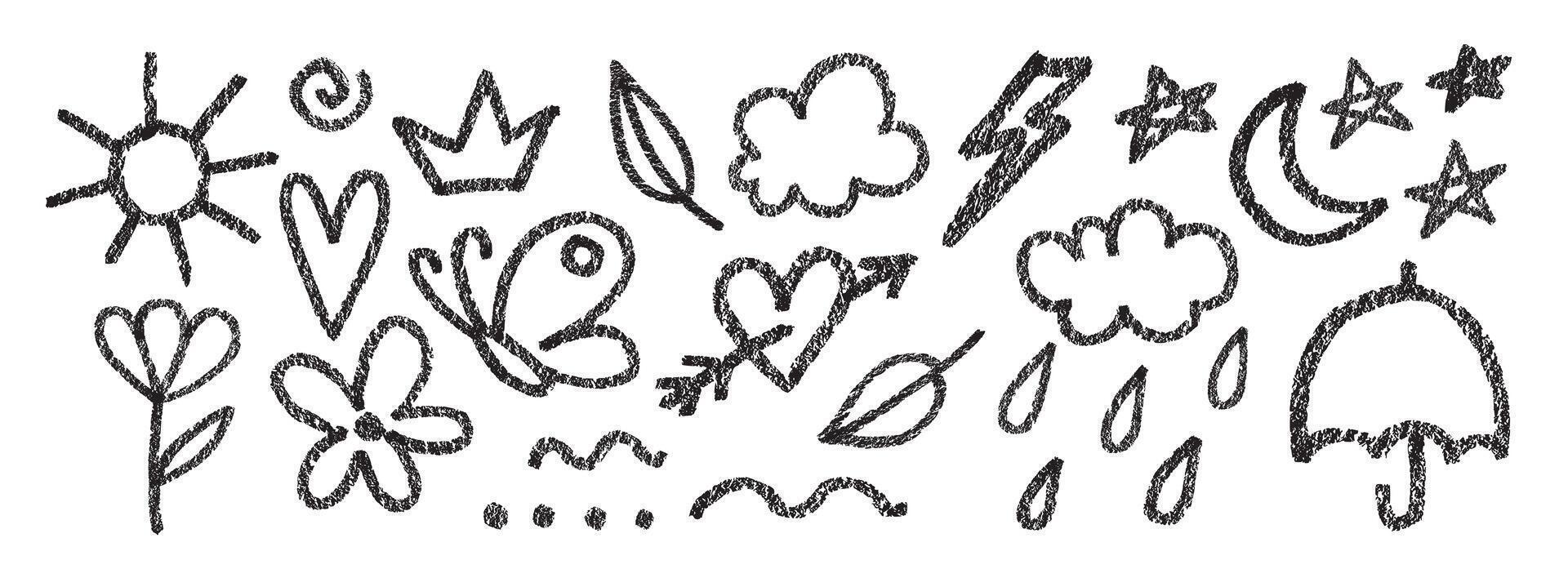 Set of hand-drawn doodles in crayon and pencil style. Playful kids drawings featuring sun, clouds, hearts, crown, stars, and more. Fun sketchy elements perfect for creative designs. vector