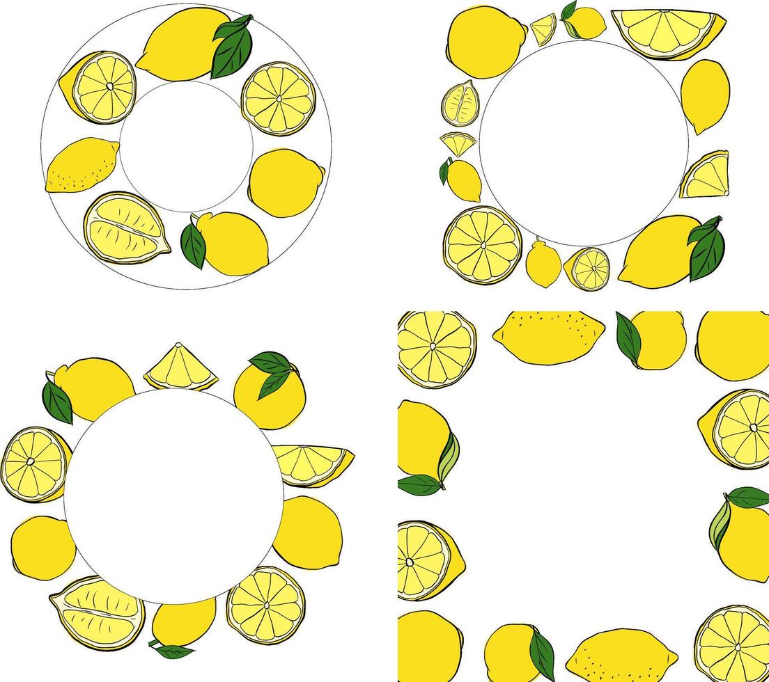 Lemons square and circle round frame set. graphic line ink yellow illustration with empty space for text. Sample poster, party invitation, holiday banner, postcard. vector