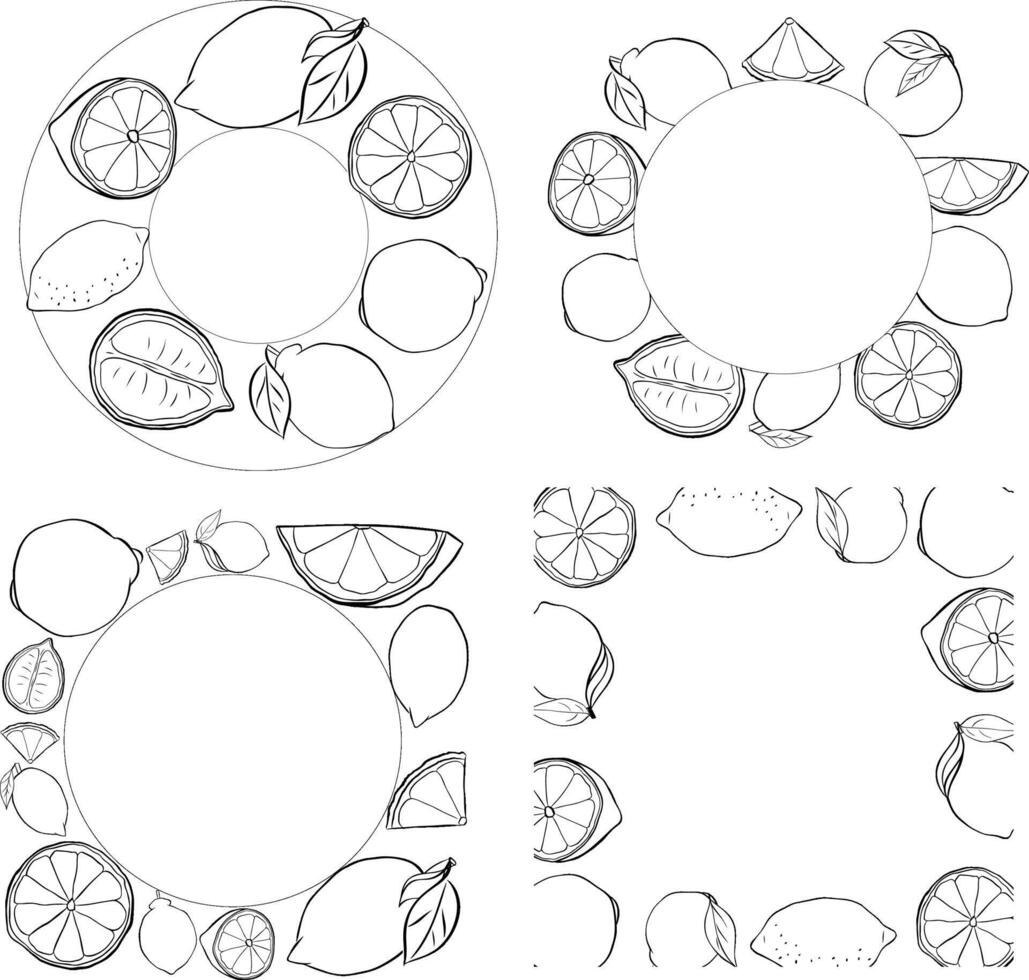 Lemons whole and slices square and circle round frame set. graphic line ink black and white illustration with empty space for text. Sample poster, party invitation, holiday banner, postcard. vector