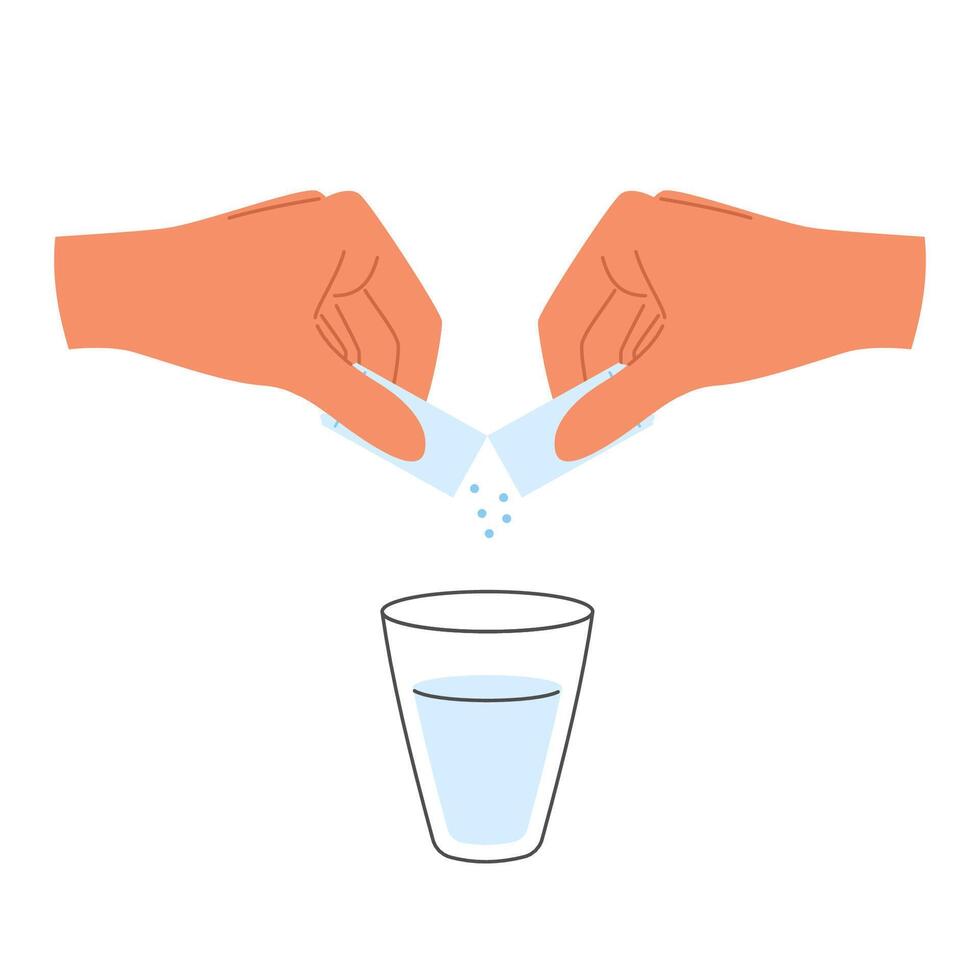 Hand poured sachet powder into a glass with water. Dissolve effervescent medication in water vector