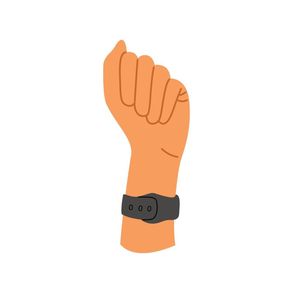 Raised fist wearing a smartwatch, smart wearable gadgets for health tracking, time management and wireless payments vector
