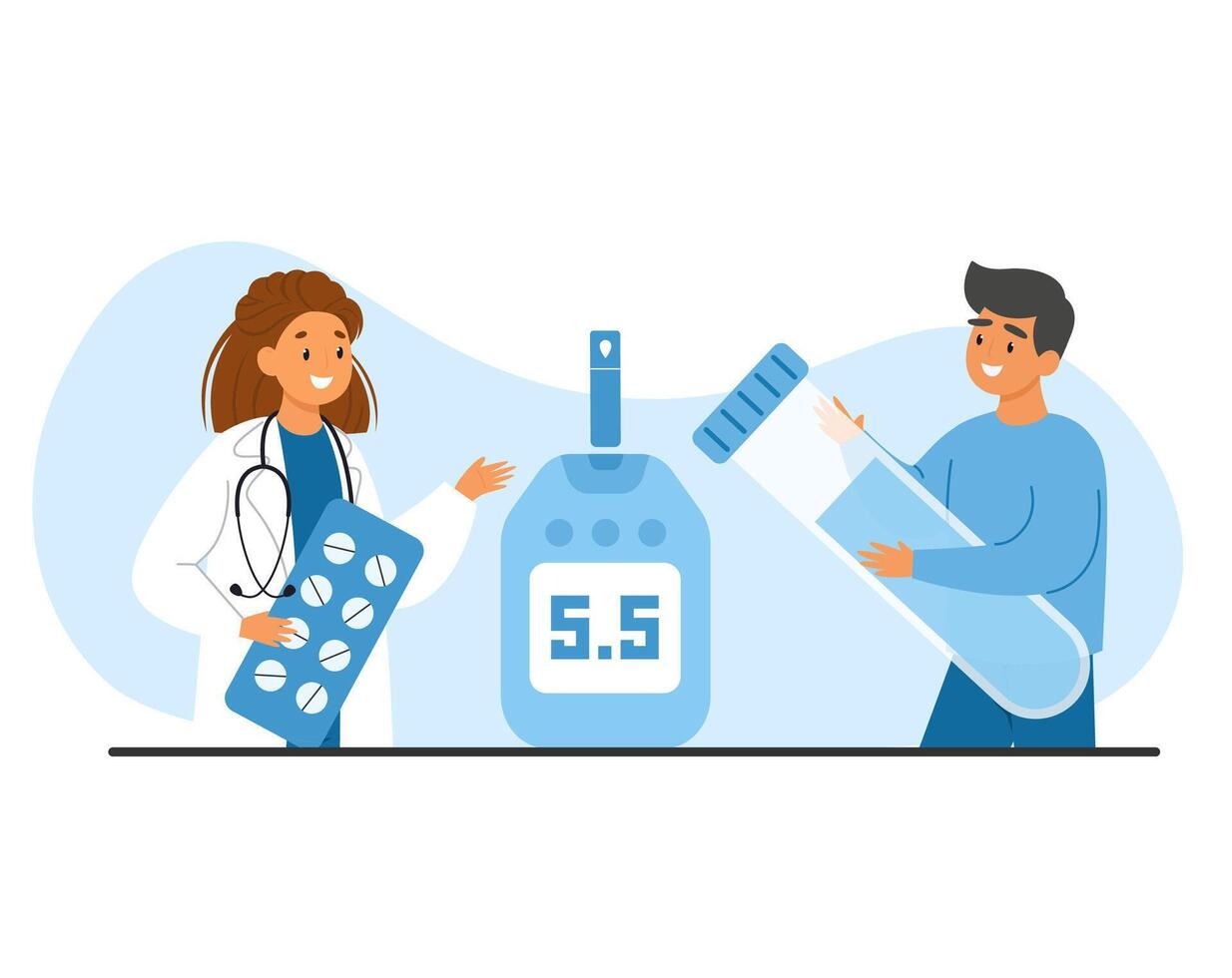 Doctor providing diabetes care advice and a patient holding ampoule. Sugar level measurement vector