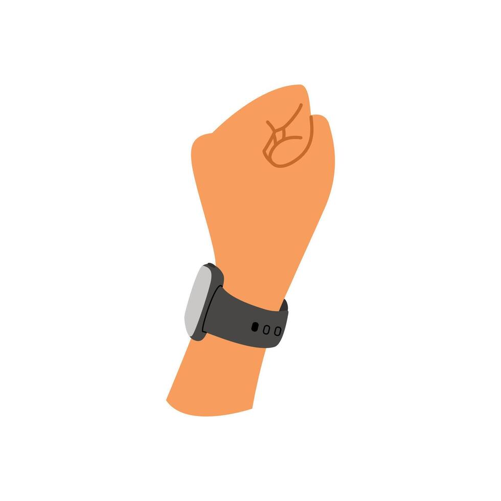 Hand wearing a smartwatch with a black strap, modern wearable wireless pay technology and fitness tracking vector