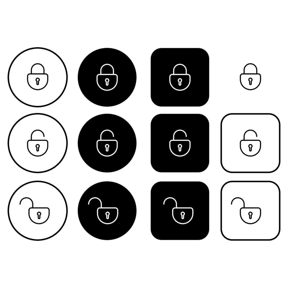 Collection of security buttons with lock icons. Open and closed padlock symbols in minimalistic line style vector