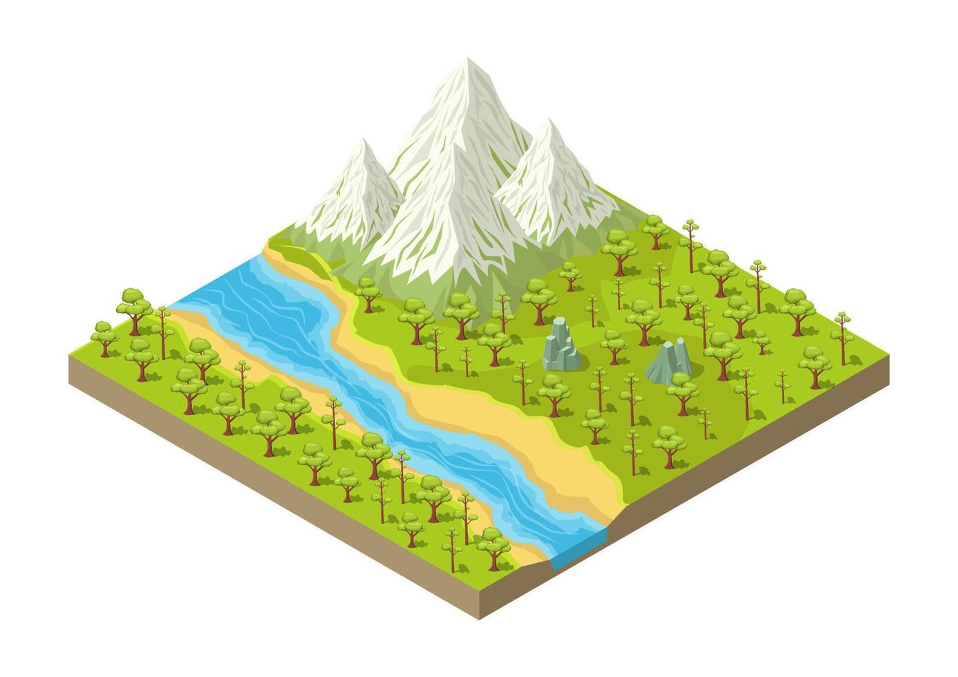 Isometric snowy mountain with river and forest vector