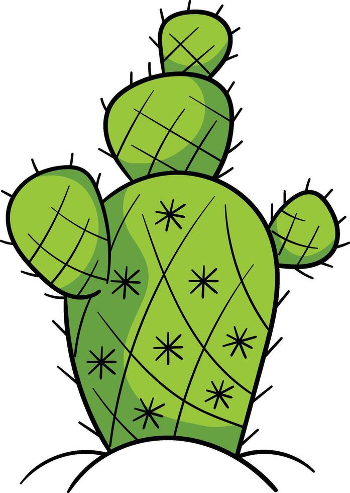 Prickly pear cactus with multiple green pads covered in spines and cross-hatch patterns, growing from the desert ground vector