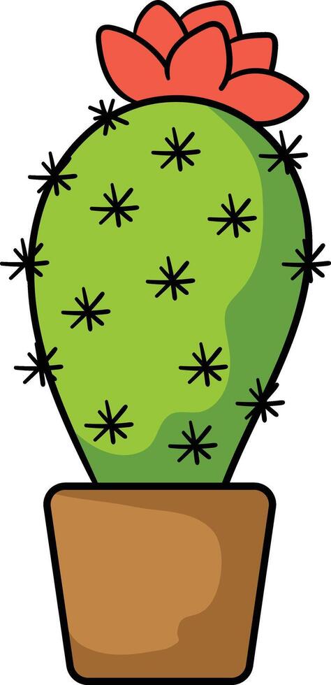 A vibrant green prickly pear cactus with black spines, topped with a blooming red flower vector