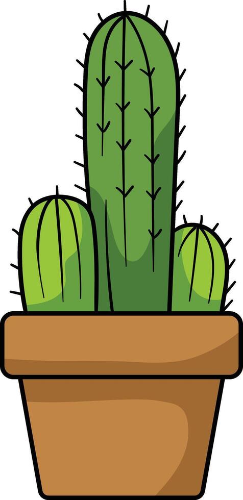 A potted cactus illustration featuring a tall central cactus with two smaller round cacti on the sides vector