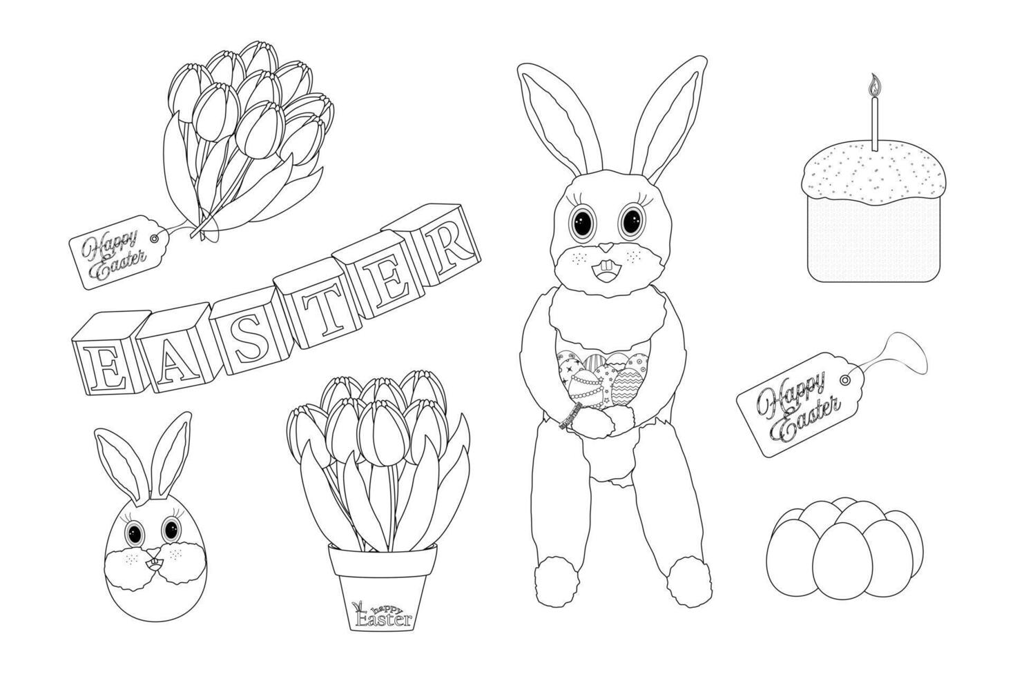 Black and white set illustration with a Easter bunny, tulips, decorated Easter eggs, Easter cake, and - Happy Easter - text. Ideal for coloring page. vector