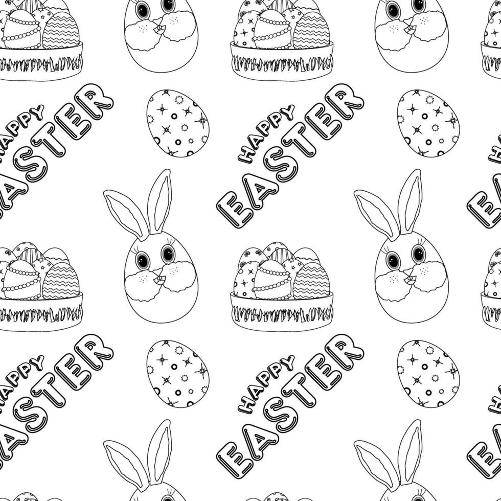 Monochrome seamless pattern featuring anthropomorphic Easter bunny eggs, decorated egg baskets and festive text. Perfect for coloring page, kids, wrapping paper, and holiday crafts. vector