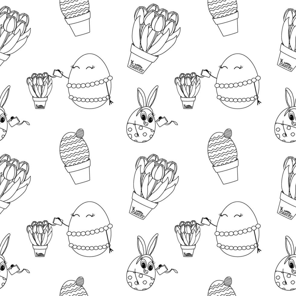 Black and white Easter seamless pattern featuring decorative anthropomorphic Easter eggs, potted tulips, and festive holiday elements. Perfect for coloring page, kids, wrapping paper, and activities. vector