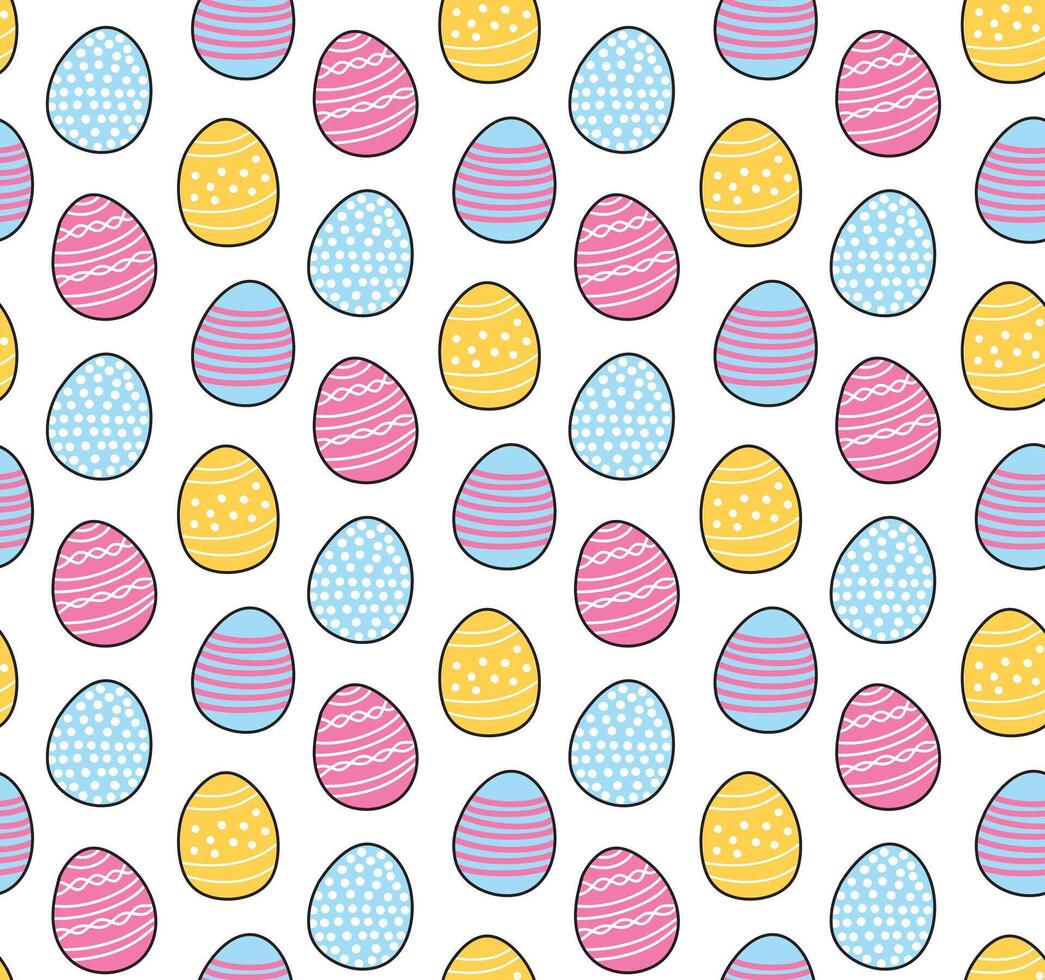 Cute Easter Seamless Pattern Background with Bright Colorful Ornate Colored Eggs Doodles with Black Outline vector