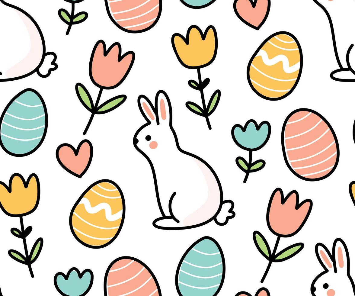 Easter cute seamless pattern background with colored eggs, flowers, bunny with black outline over white background vector