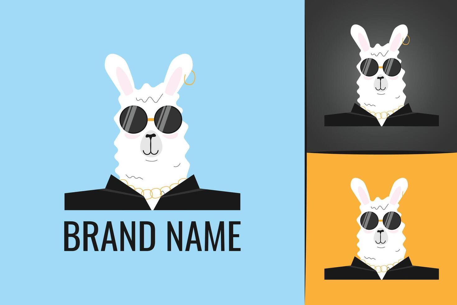 Cute cool alpaca logo. Necklace and sunglasses graphic. Fun brand icon vector