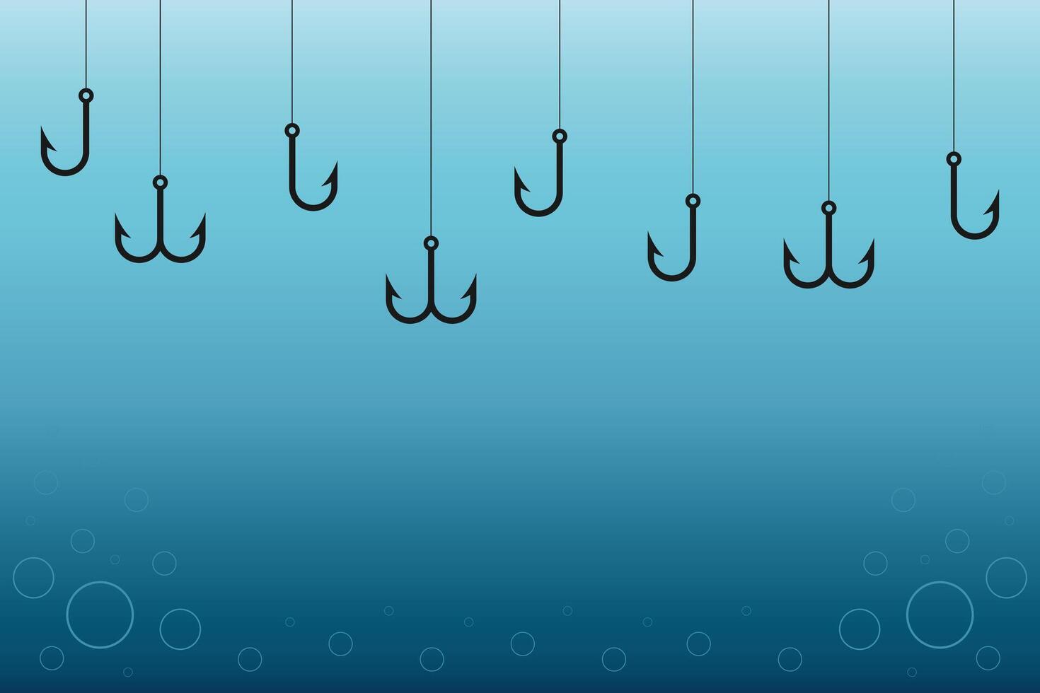Fishing hooks underwater. Ocean bait lines with bubbles. Angling scene vector
