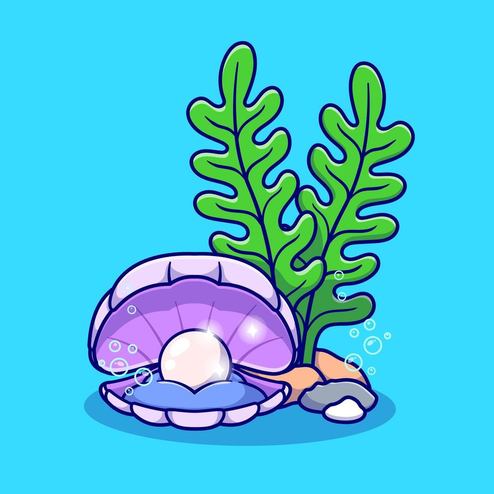 Pearl Shell And Seaweed In Ocean Cartoon vector