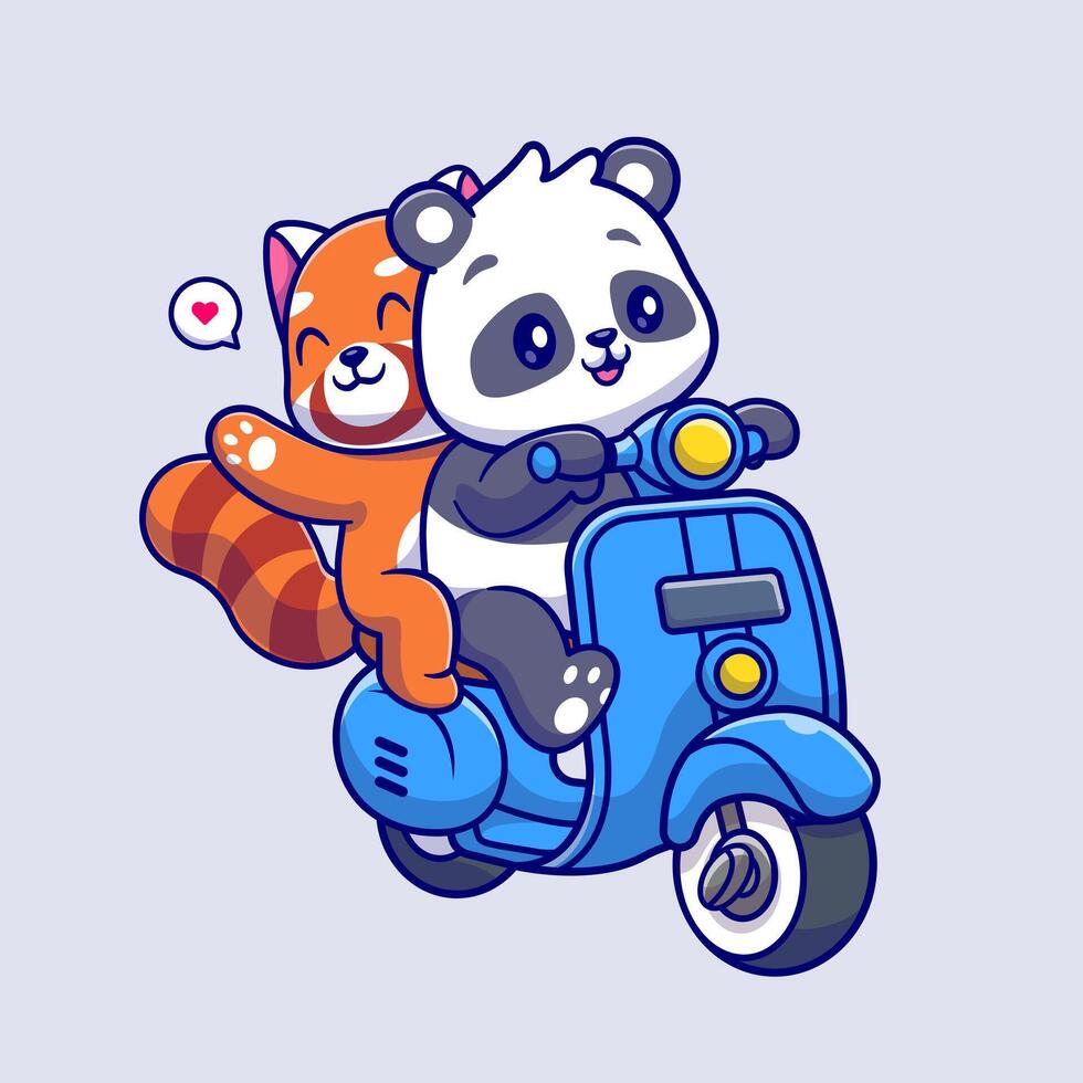 Cute Panda And Red Panda Riding Scooter Cartoon vector