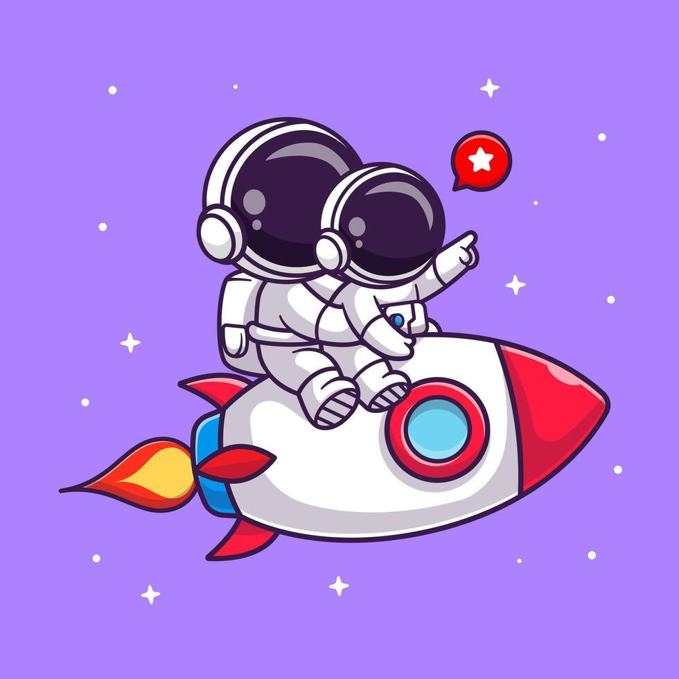 Cute Astronaut Riding Rocket With Baby Astronaut In Space Cartoon vector