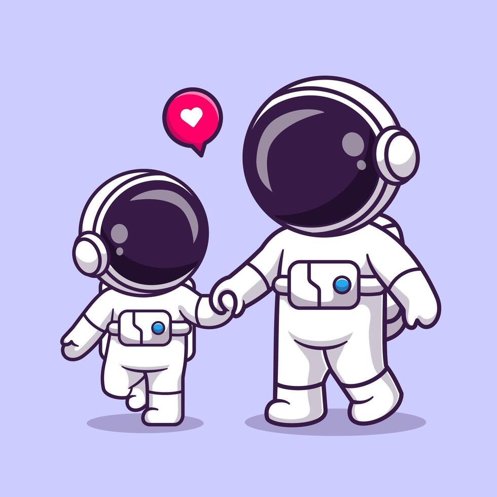 Cute Astronaut Father Walking With Baby Astronaut Cartoon vector